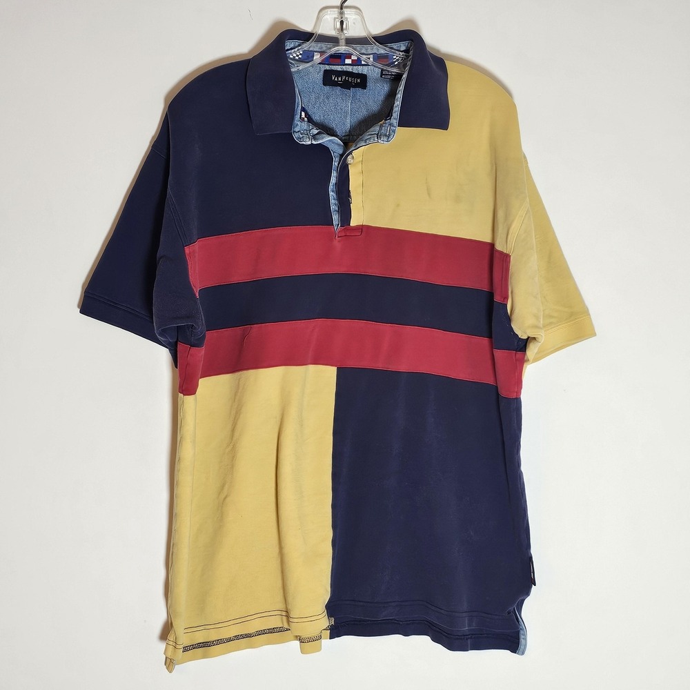 Vintage Van Heusen Rugby Shirt Mens Large Navy Yellow Red Striped Polo 90s Denim